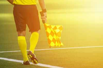 Low section of referee with flag walking on soccer field