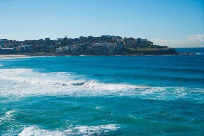 Scenic view of sea against blue sky