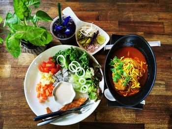 High angle view of meal served on table