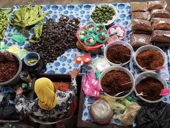 High angle view of multi colored market stall