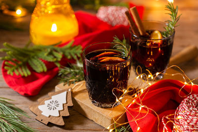 Close-up of christmas decorations on table