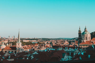 High angle view of townscape against clear sky