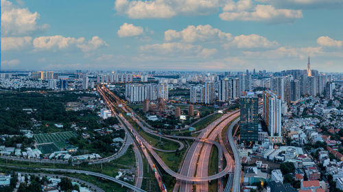 High angle view of city street against sky