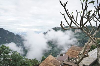 Scenic view of smoke emitting from mountain against sky