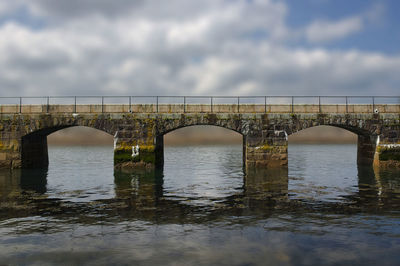 Arch bridge over river against sky