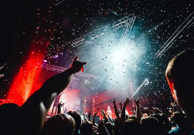 Crowd enjoying music concert at night