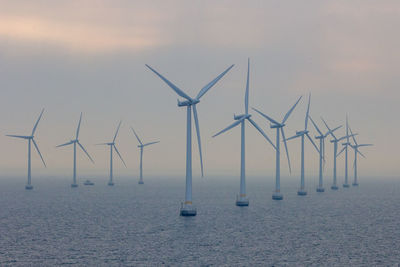 Wind turbines in sea against sky during sunset