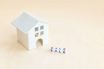 High angle view of model house on white background