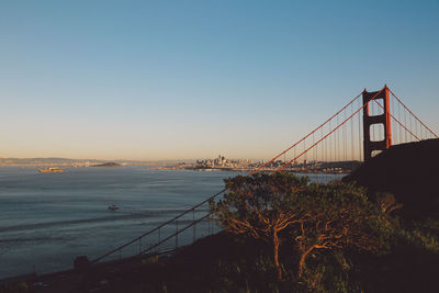 View of suspension bridge against clear sky