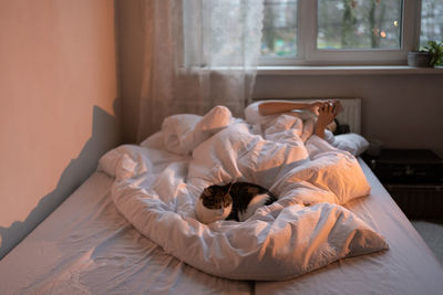 Life apathy. unmotivated young woman surfing internet on smartphone while lying in bed with cat