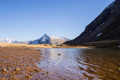 Scenic view of lake and snowcapped mountains against clear sky