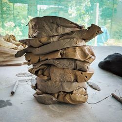 Stack of sculpture on table