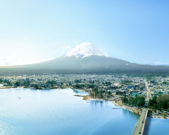 Scenic view of lake by snowcapped mountains against sky