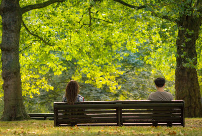 Rear view of friends sitting on bench at park