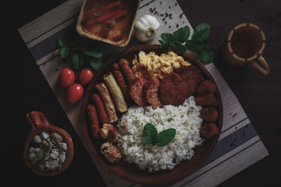 High angle view of food served on table