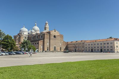 View of historic building against clear blue sky