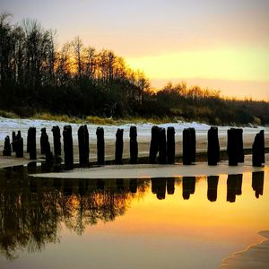 Scenic view of lake against sky during sunset