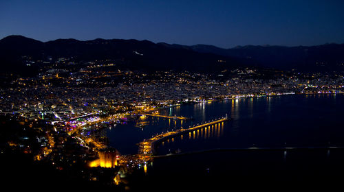 Aerial view of illuminated city by river against sky at night