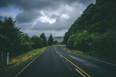 Empty road along trees and plants against sky