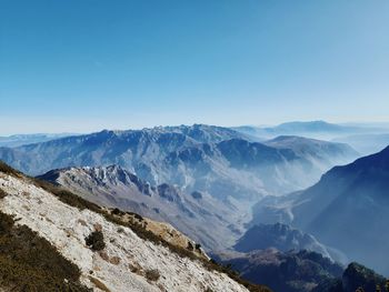 Scenic view of snowcapped mountains against clear blue sky