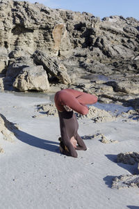 Rear view of woman jumping on beach