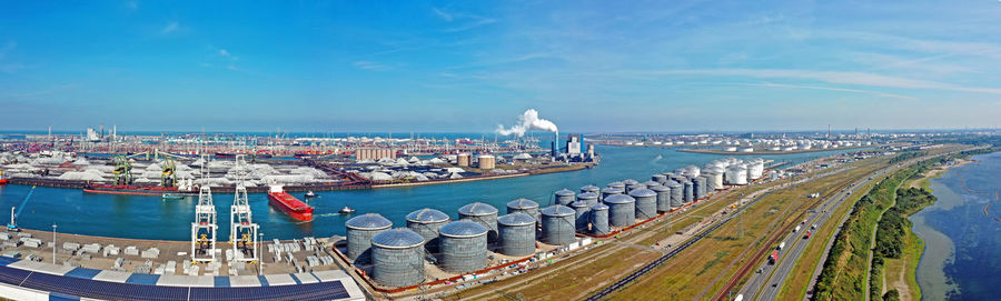 Aerial panorama from industry in the harbor from rotterdam in the netherlands