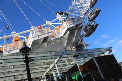 Low angle view of crane against sky