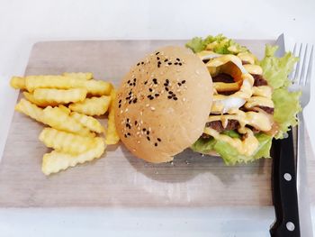 Close-up of burger on table