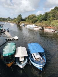 Boats moored in lake against sky