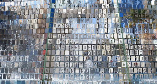 Full frame shot of text on glass wall