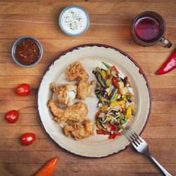 High angle view of meal served on table