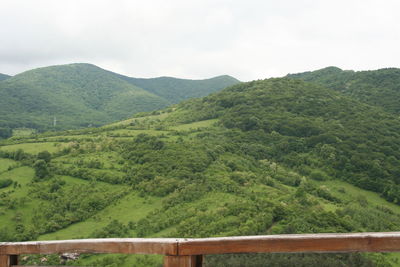 Scenic view of green landscape and mountains against sky