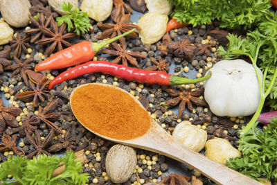 High angle view of spices on table