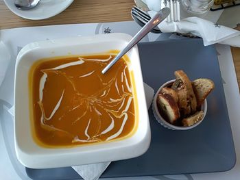 High angle view of food in plate on table