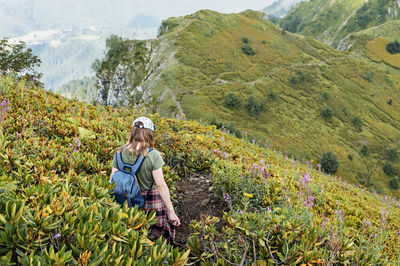 Rear view of young woman with backpack hiking in mountains among rhododendron plants and flowers 