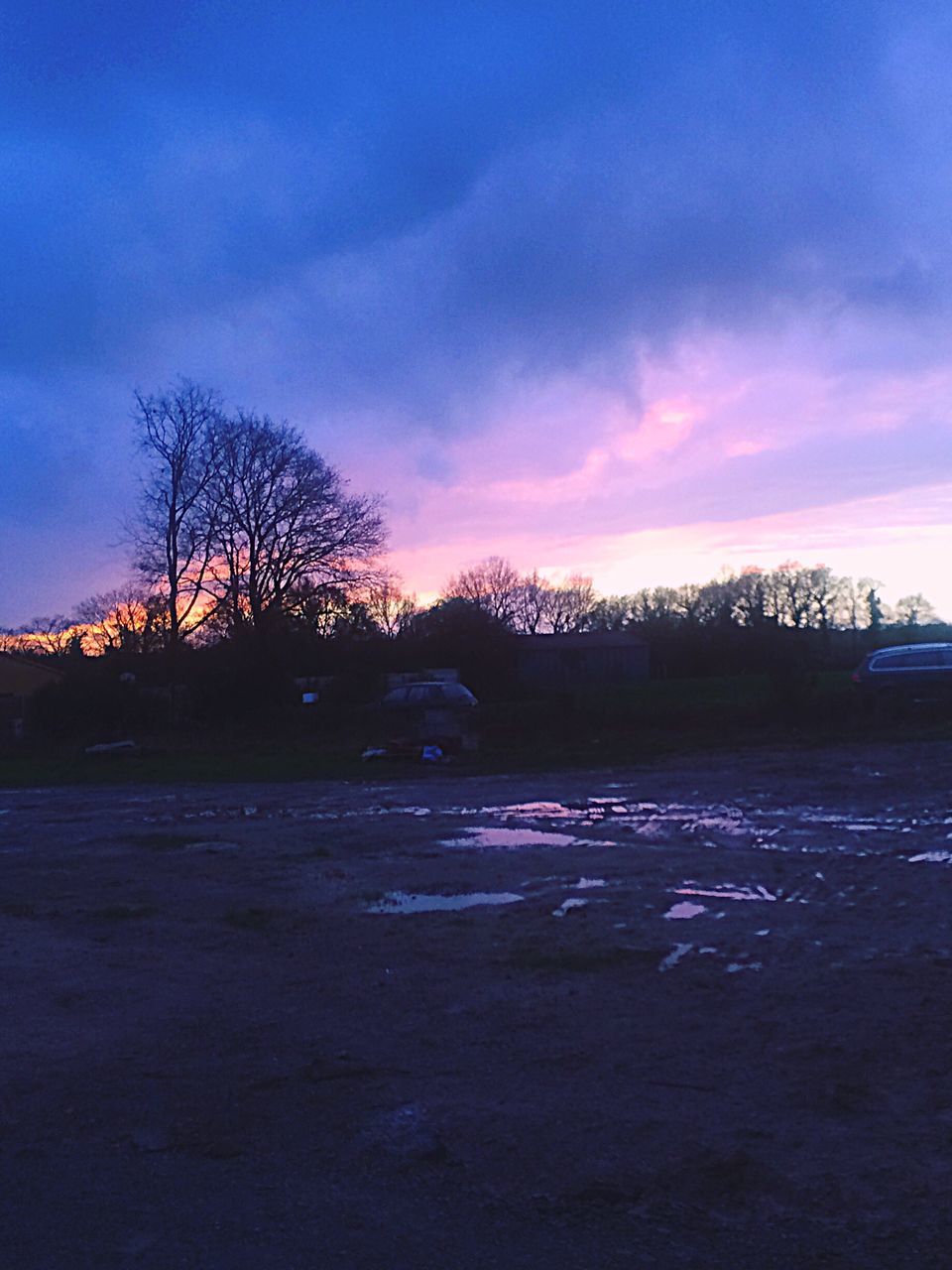 sunset, sky, tree, tranquil scene, tranquility, cloud - sky, scenics, bare tree, beauty in nature, silhouette, nature, cloud, dusk, landscape, orange color, idyllic, outdoors, non-urban scene, no people, blue