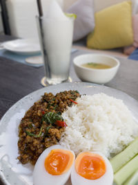 High angle view of meal served on table