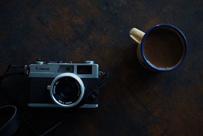 High angle view of coffee cup on table