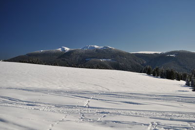 Scenic view of snowcapped mountains against sky