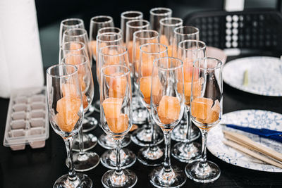 High angle view of wineglasses on table