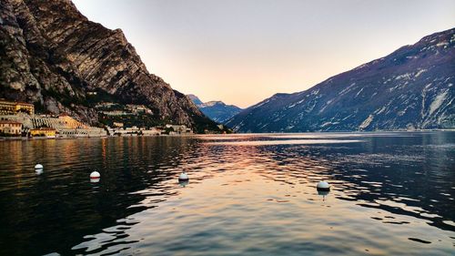 Swans swimming in lake against mountains