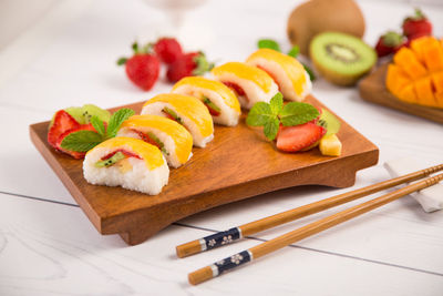 Close-up of sushi served on plate