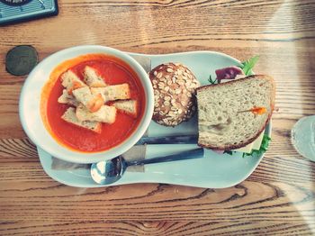 High angle view of breakfast served on table