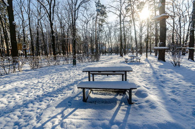 Empty bench on snow covered field