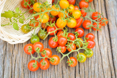 Close-up of cherry tomatoes spilling from basket on table