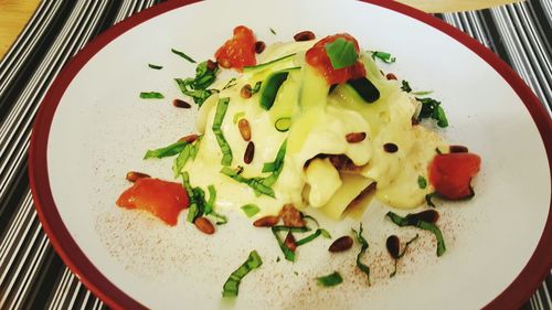 High angle view of breakfast in plate