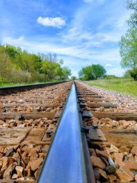 Surface level of railroad tracks against sky