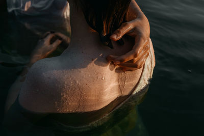 High angle view of woman in water