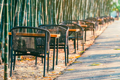 Many chairs and tables to sit and relax beside the path in natural green bamboo garden. 