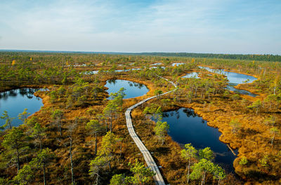 High angle view of lake amidst trees against sky